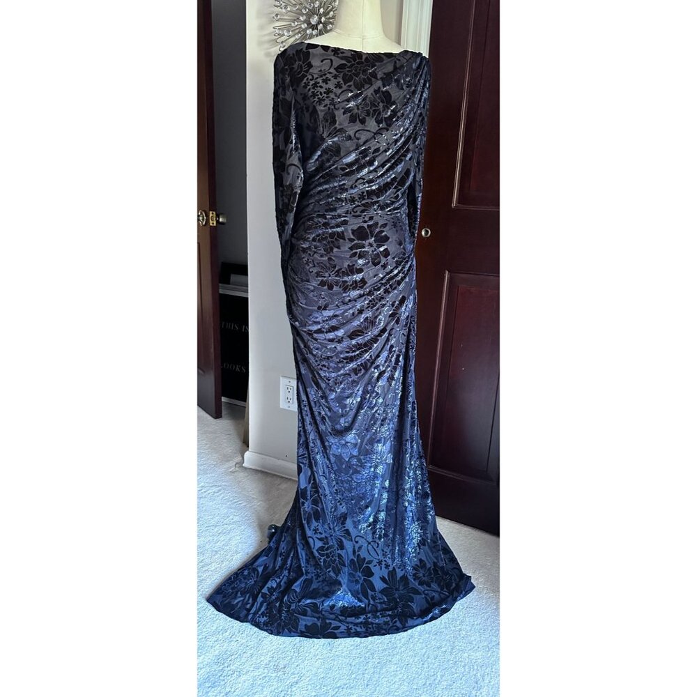 Betsy & Adam navy floral embossed cape inspired gown sz 12 NWOT - Picture 2 of 8